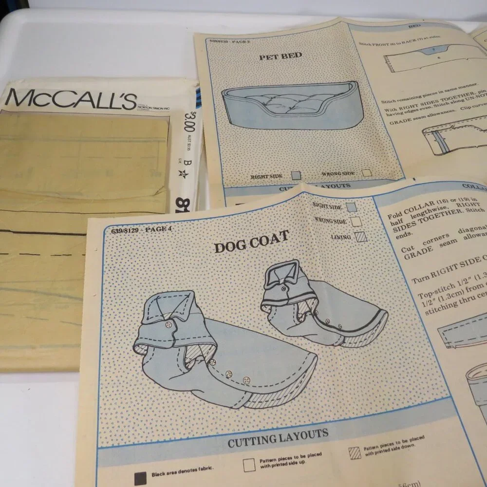 McCalls 8129 Pet House, Bed, Toy Mouse, Dog Coat Sewing Patterns UNCUT